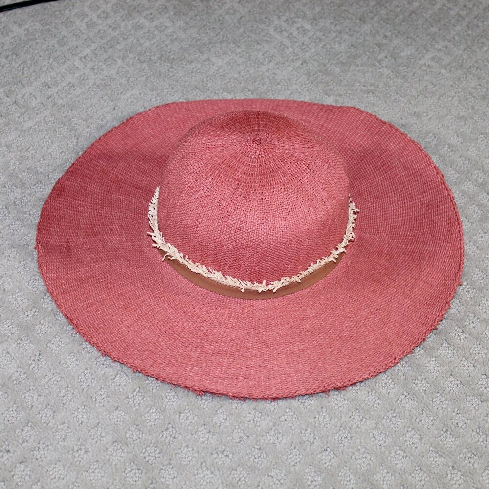 Super Cute! Salmon-colored Paper Sun Hat with Faux Leather Accent